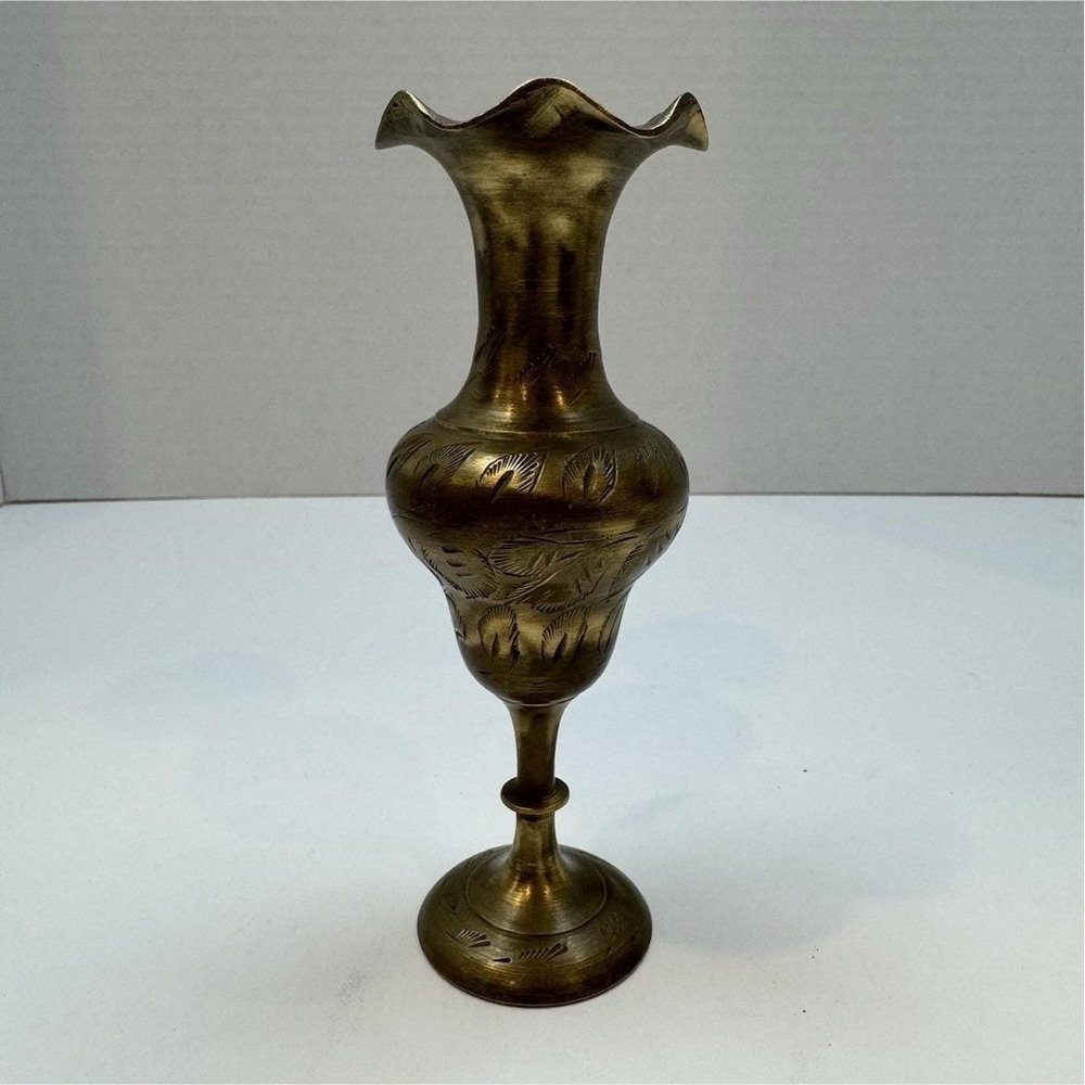 Vintage‎ Brass Vase Decorative Etched and Engraved Design Approximately 6 InTall